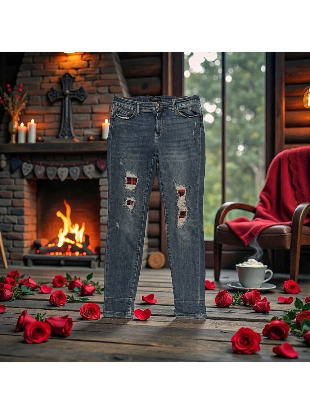 Judy Blue Skinny Fit Jeans Womens Junior 13/31 Blue Distressed Red Plaid Patches